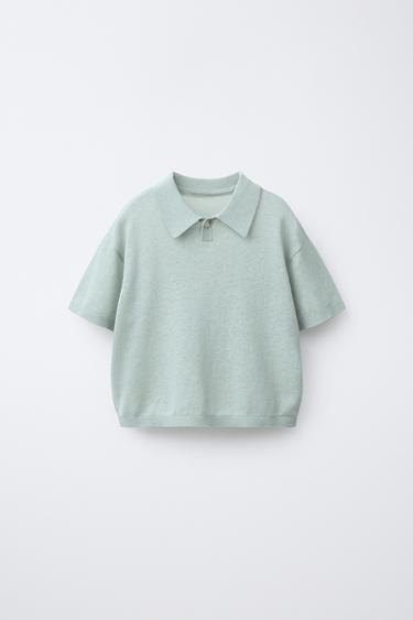 POLO DE TRICÔ DE ALGODÃO E LINHO - Verde-água da Zara