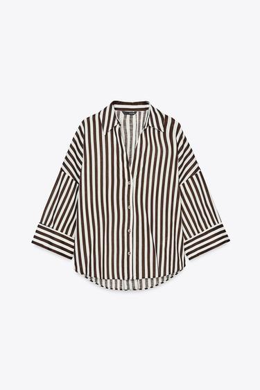 WIDE-SLEEVE LINEN BLEND SHIRT - brown/white by Zara - Image 4