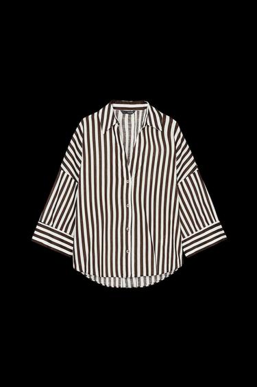 Zara WIDE SLEEVE LINEN SHIRT - Brown / White - Image 0