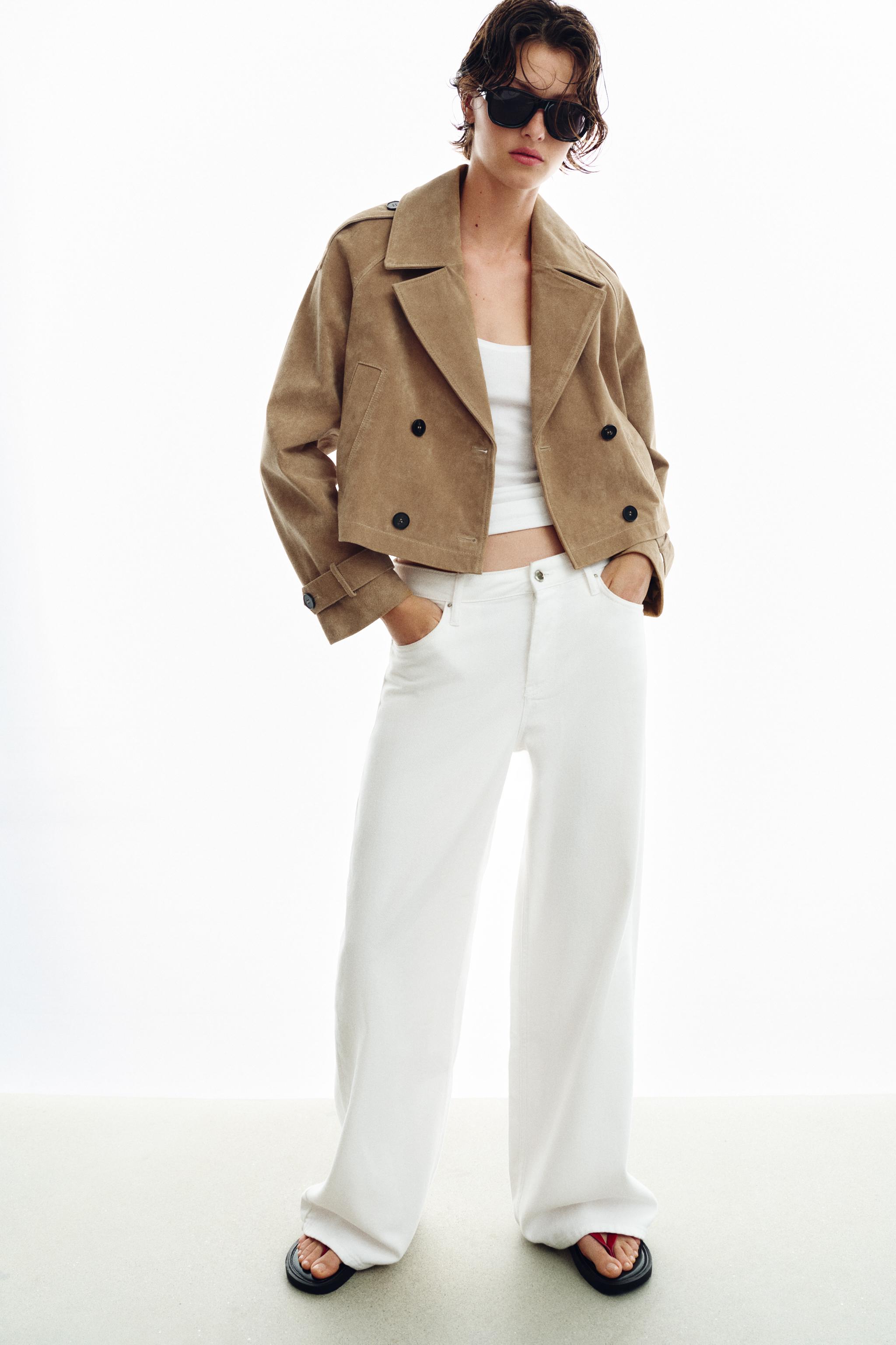 100% LEATHER SHORT DOUBLE-BREASTED TRENCH COAT - Light camel