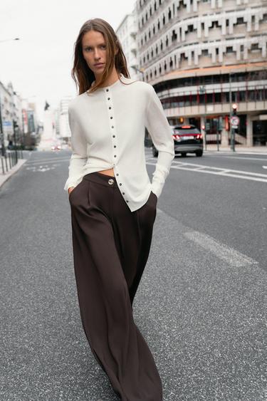 PALAZZO TROUSERS WITH GOLDEN BUTTON - Brown by Zara