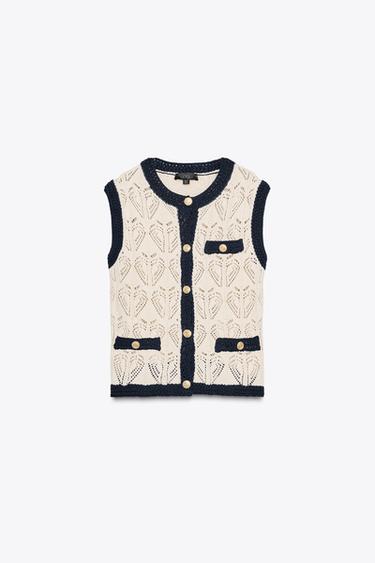 TOP GILET EN MAILLE POINTELLE - Écru / Bleu marine de Zara - Image 4