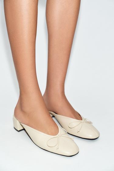 LEATHER SLINGBACK BALLET FLATS WITH BOW - Ecru White by Zara - Image 1