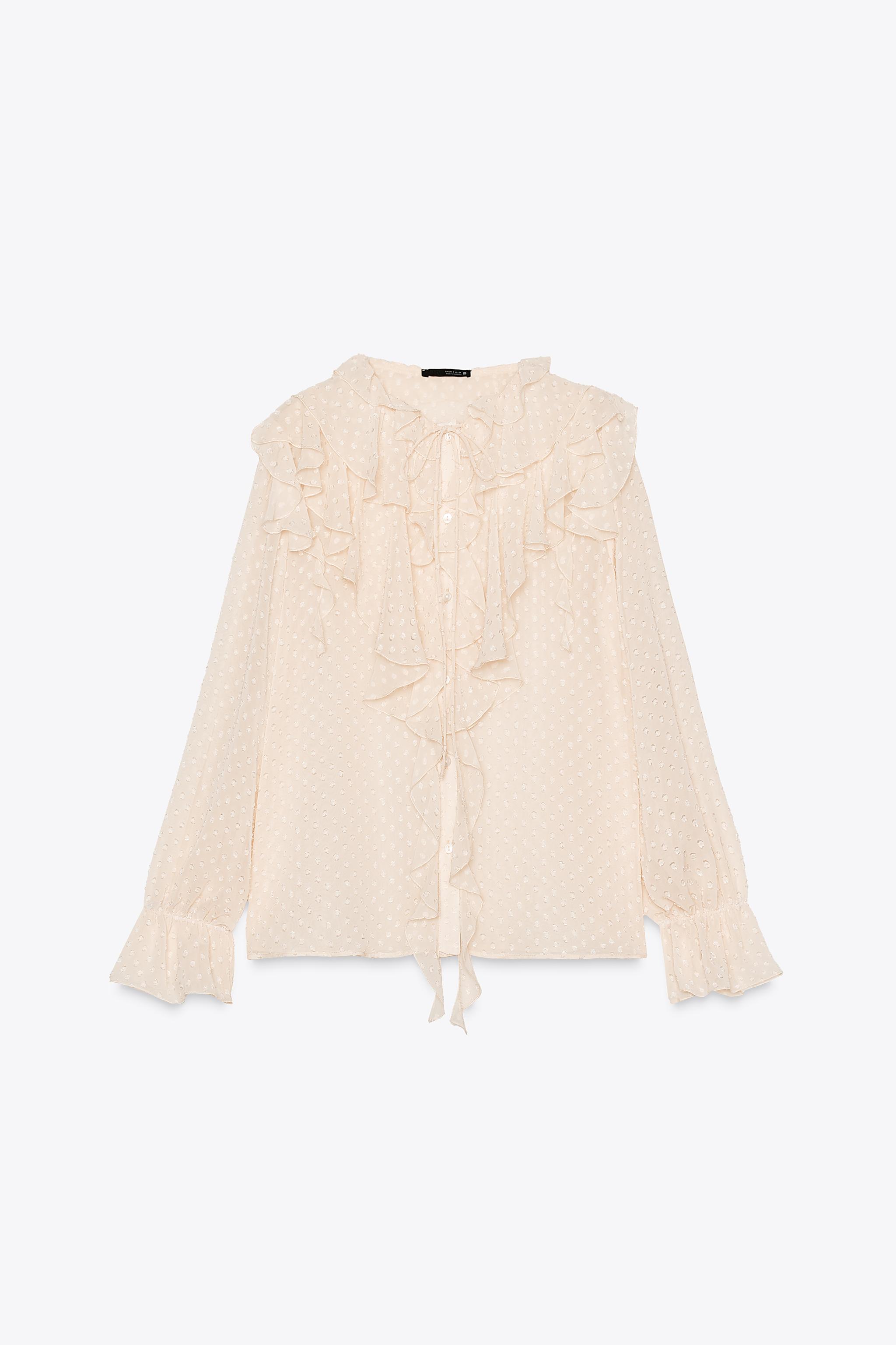 フリル付きドット柄メッシュ地ブラウス - エクリュ | ZARA Japan