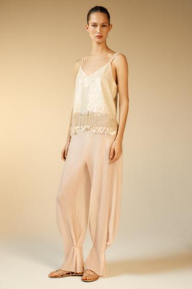 SEQUIN TOP WITH FRINGING - Ecru by Zara