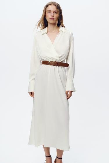 Zara BELTED SATIN EFFECT DRESS - Ecru