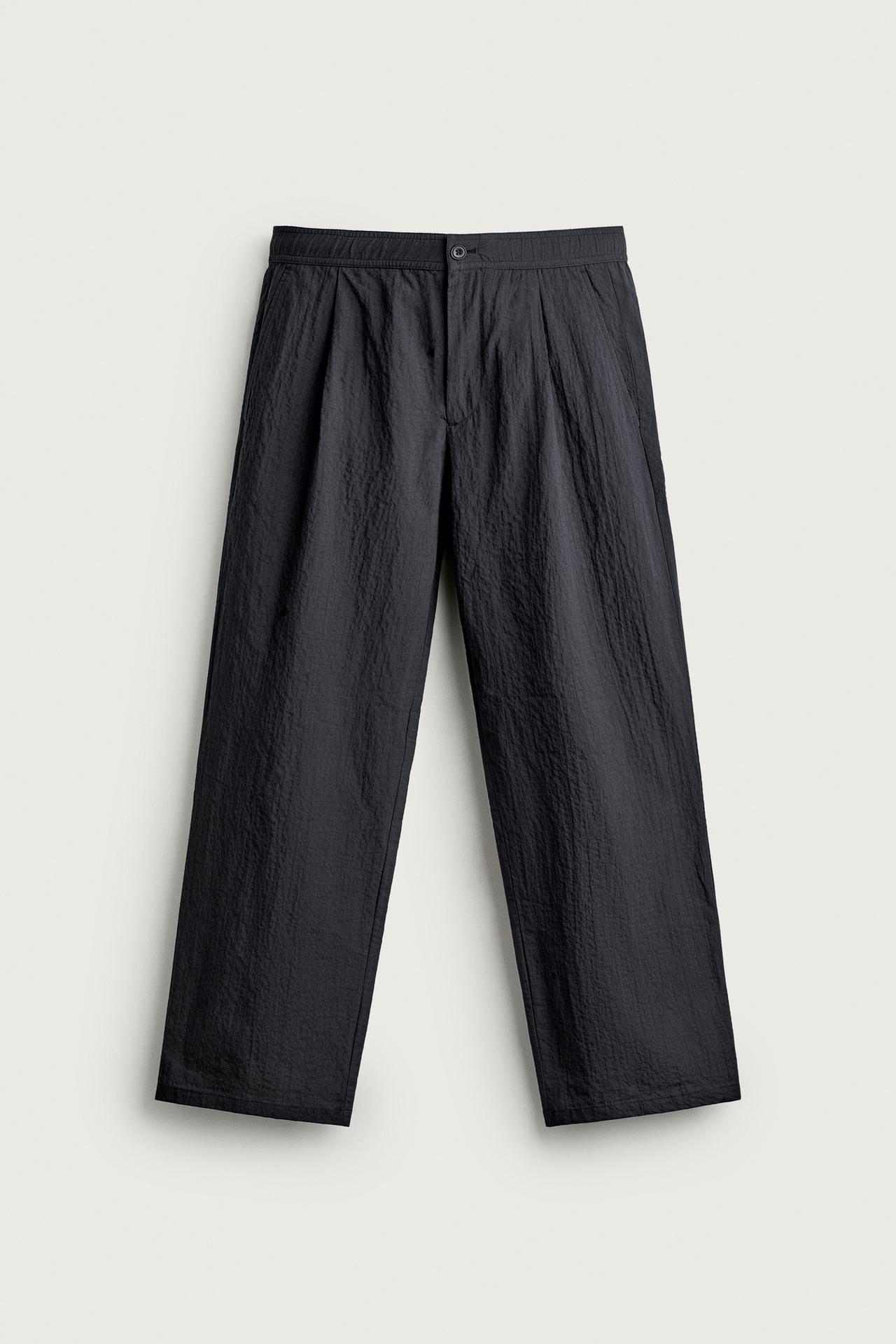 STRAIGHT FIT SEERSUCKER PANTS — Navy blue