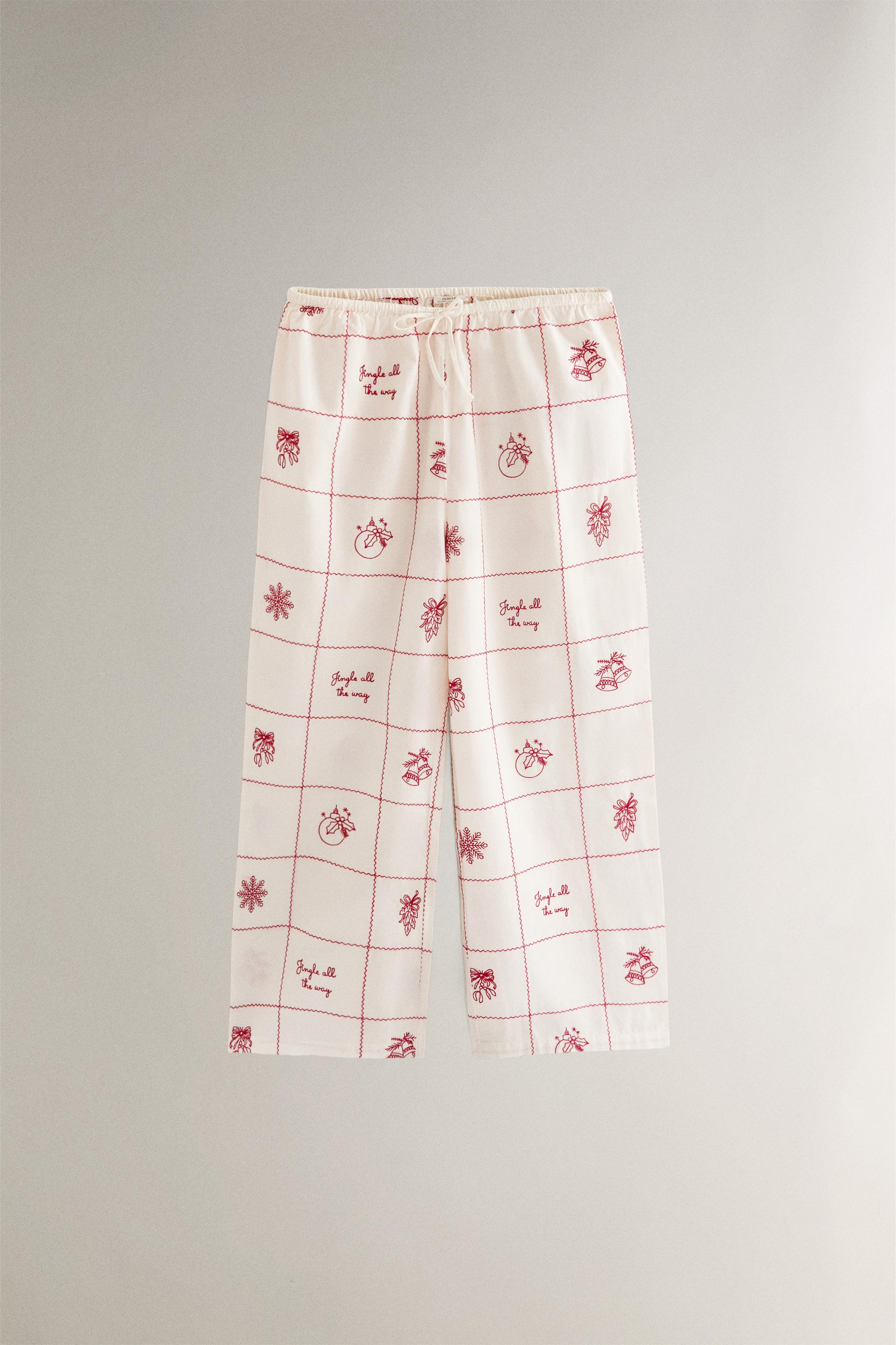 EMBROIDERED CHECK CHRISTMAS PANTS - Oyster-white | ZARA United States