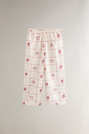 Zara EMBROIDERED CHECK CHRISTMAS PANTS - Oyster-white - Image 0