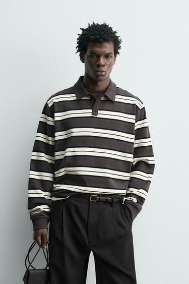 REGULAR FIT STRIPED POLO SHIRT - Ecru / Brown by Zara