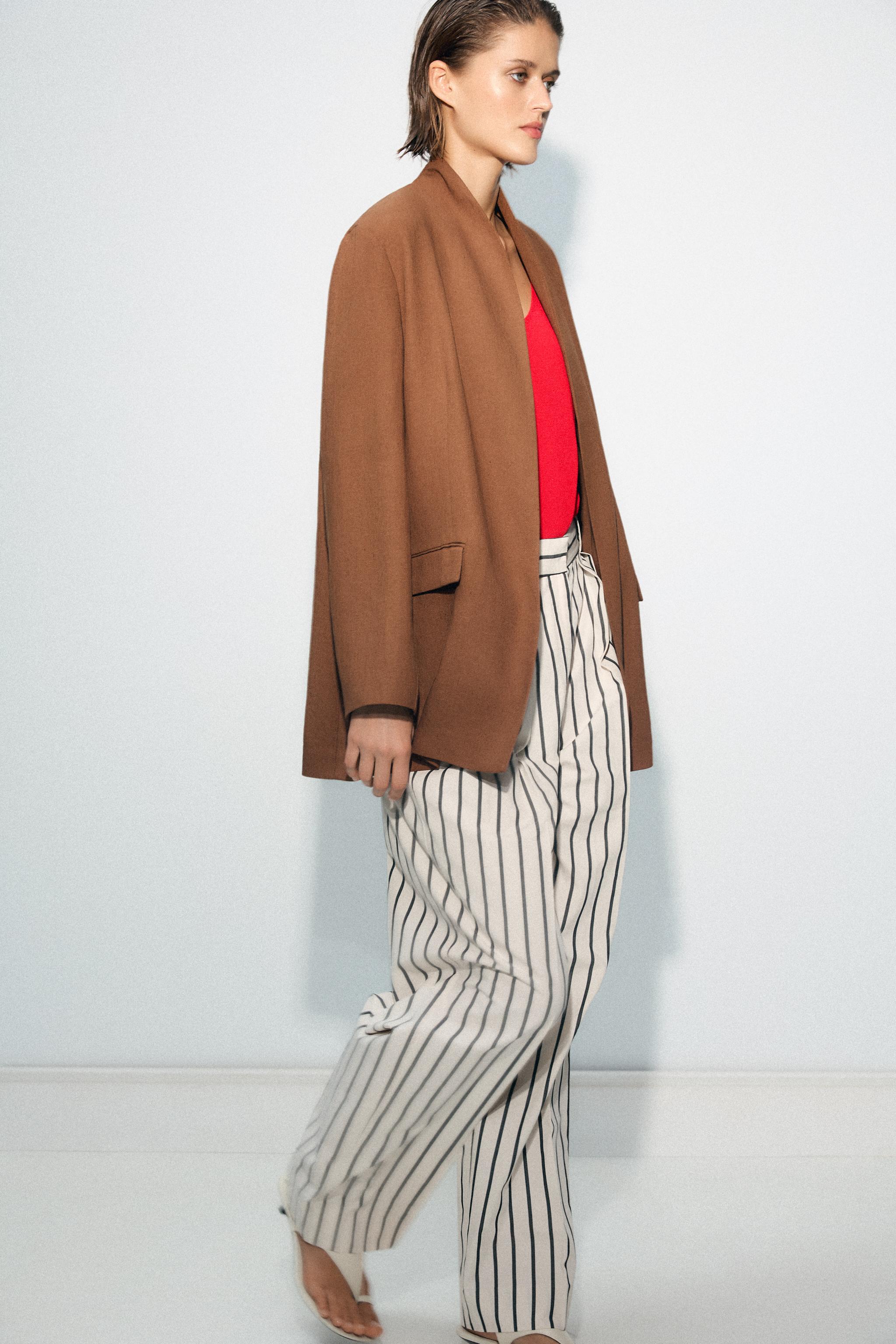 ZARA プリントカフス リネンブレザー カーキ - メルカリ