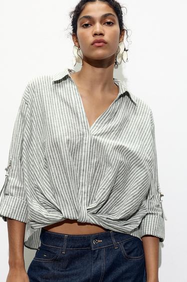 Zara KNOTTED LINEN BLEND SHIRT - Green / Ecru