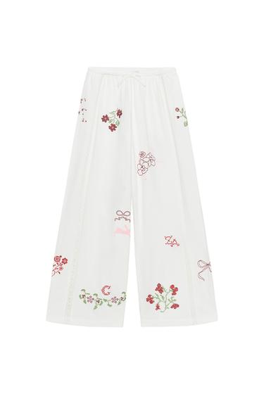 Zara EMBROIDERED LONG PANTS - White