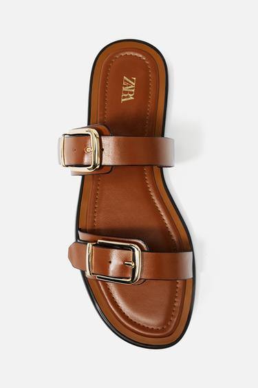 DOUBLE-STRAP FLAT SANDALS - Brown by Zara