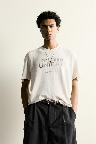 WASHED COTTON/LINEN T-SHIRT WITH TEXT - White by Zara