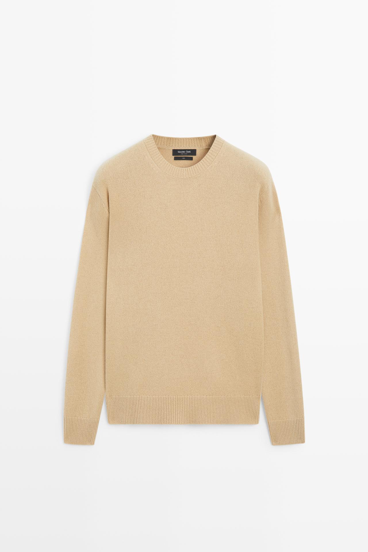 100% wool knit sweater with round neck — Mid-camel