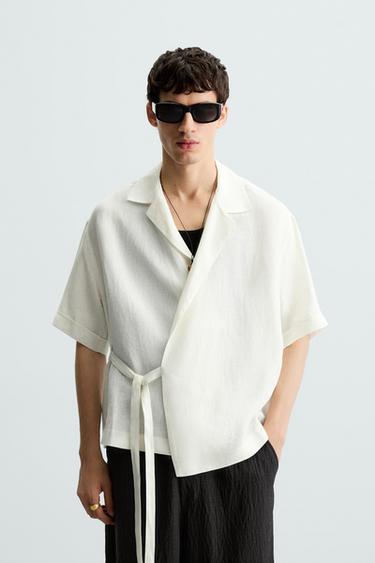 Zara 100% LINEN TIE SHIRT - Oyster-white
