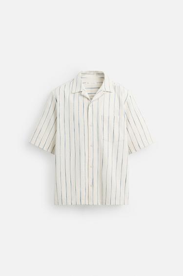 Zara TEXTURED STRIPED SHIRT - Ecru / Blue