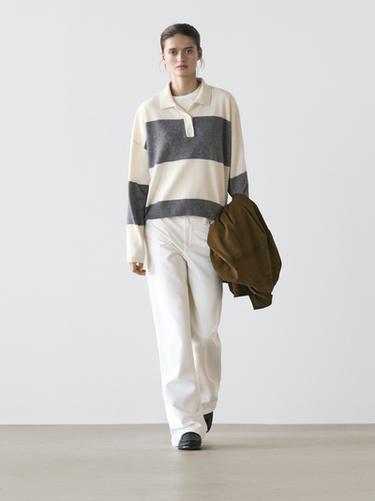 Zara Striped knit sweater with polo collar - Ecru - Image 0