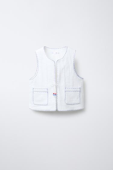 Zara CONTRAST EMBROIDERY PADDED VEST - Ecru