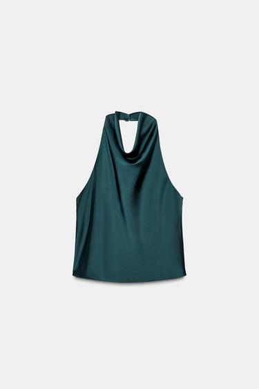 SATIN HALTER TOP - Duck green by Zara