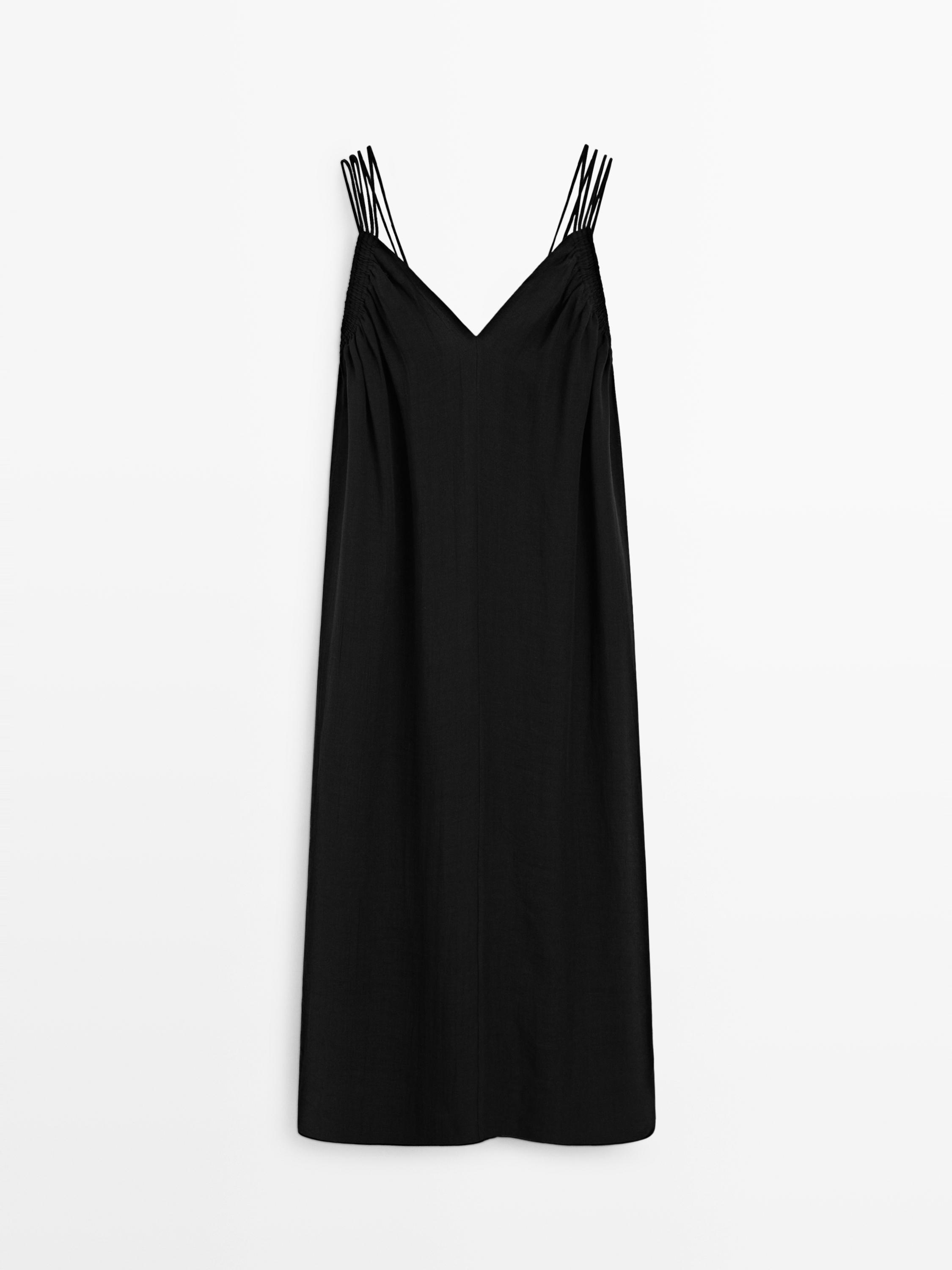 Ramie blend strappy midi dress — Black