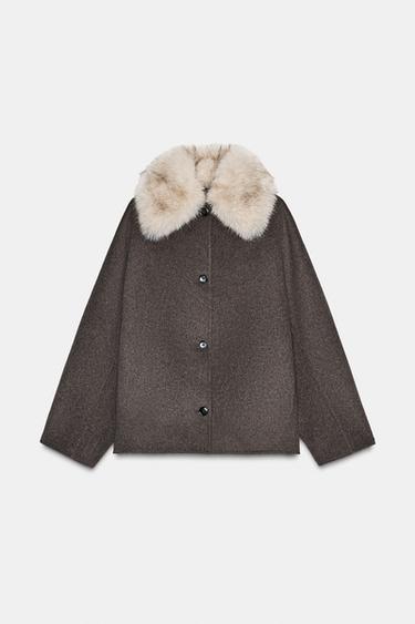 WOOL-BLEND JACKET WITH FAUX FUR COLLAR ZW COLLECTION - Ecru / Beige by Zara