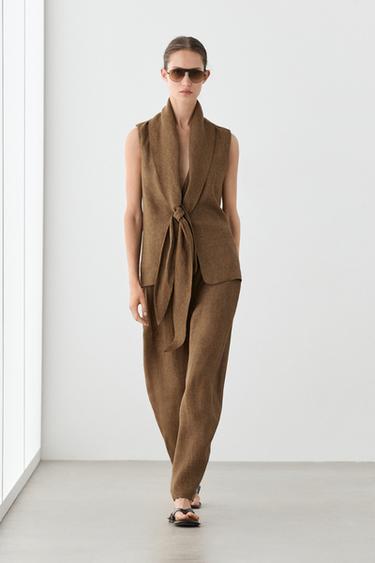 Zara 100% linen vest with tie detail - Black gold - Image 0