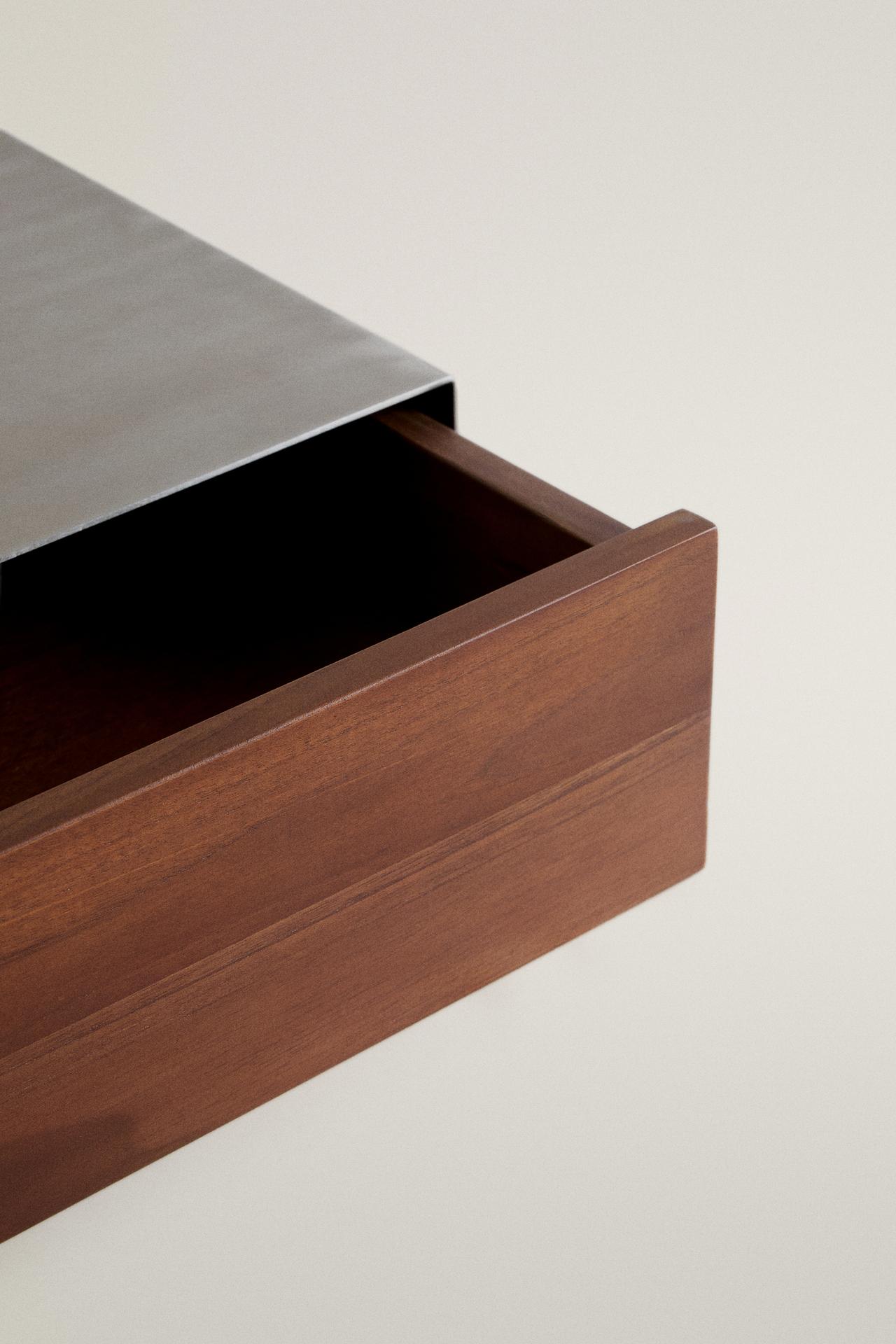 STEEL AND WOOD FLOATING BEDSIDE TABLE — Silver