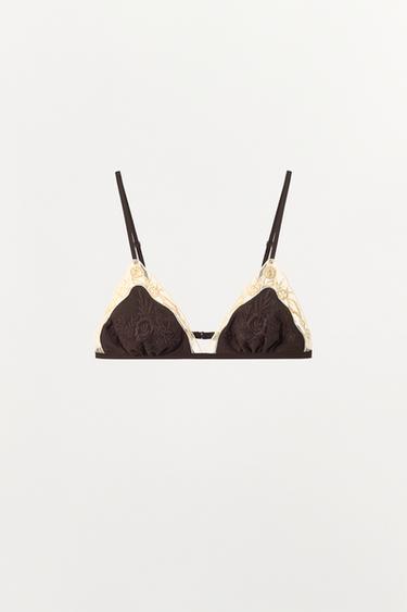 100% VISCOSE BRA WITH LACE EMBROIDERY - Dark brown by Zara