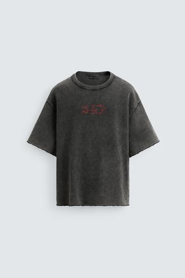 CAMISETA LAVADA PUNTO ESTAMPADO - Negro de Zara