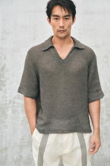 OPEN KNIT POLO SHIRT - Ecru / Brown by Zara