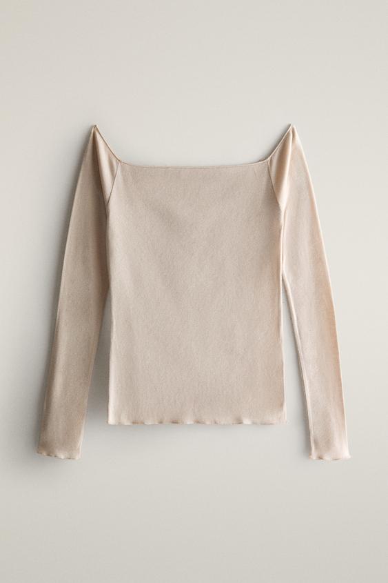SLIM LONG SLEEVE COTTON T-SHIRT - وردي فاتح الخاص بـ Zara - صورة 0