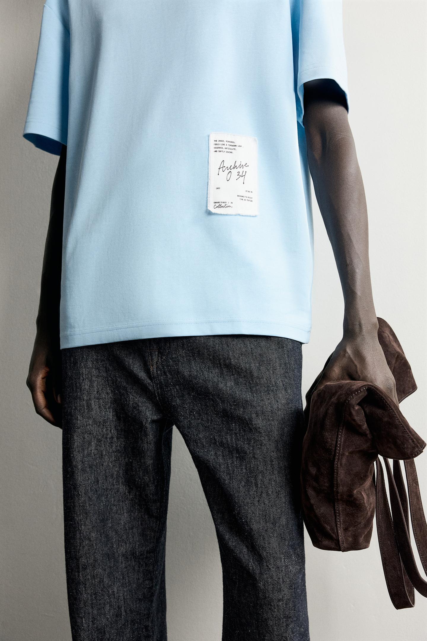 Мужская футболка Zara Relaxed Fit Contrast Patch, цвет: Светлый синий — фото 5