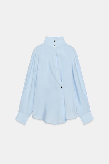 Zara PLEATED BUTTON SHIRT - Light blue