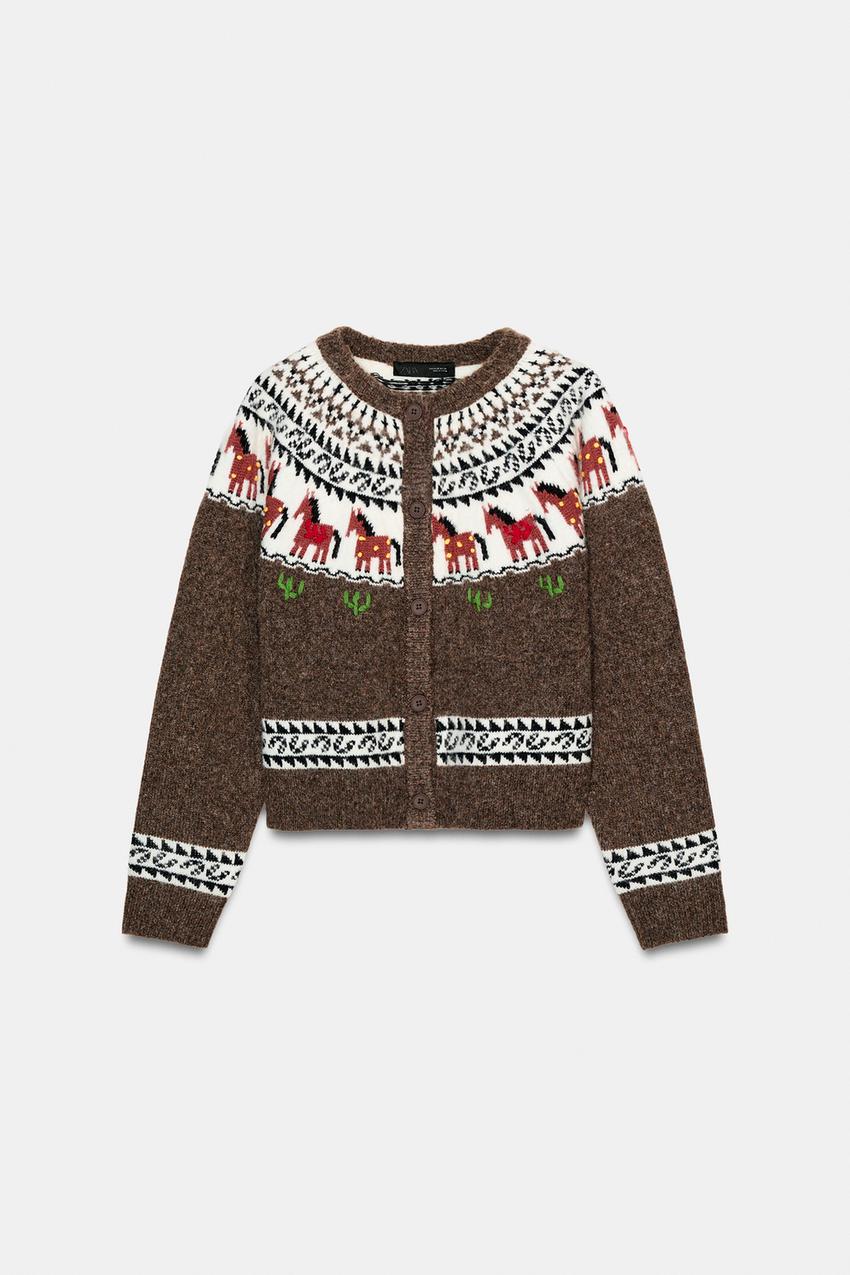 ジャカードニットカーディガン - ブラウン | ZARA Japan / 日本