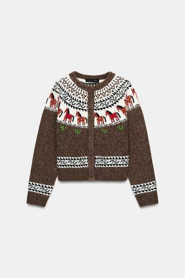 Zara 提花針織開襟衫 - 棕色