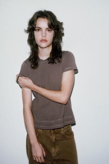 DOUBLE EFFECT SHORT SLEEVE T-SHIRT - Chocolate by Zara - Image 5