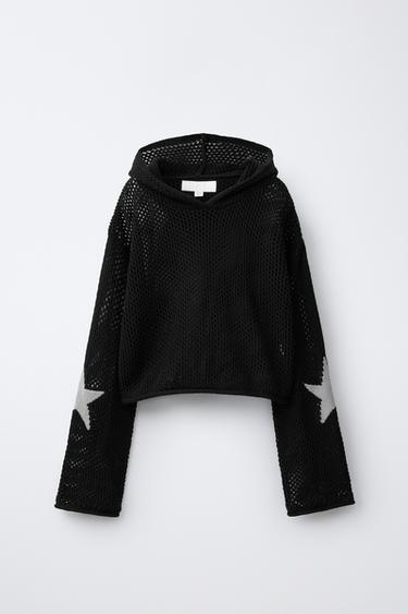 KNIT JUMPER WITH HOOD AND STAR - Black by Zara