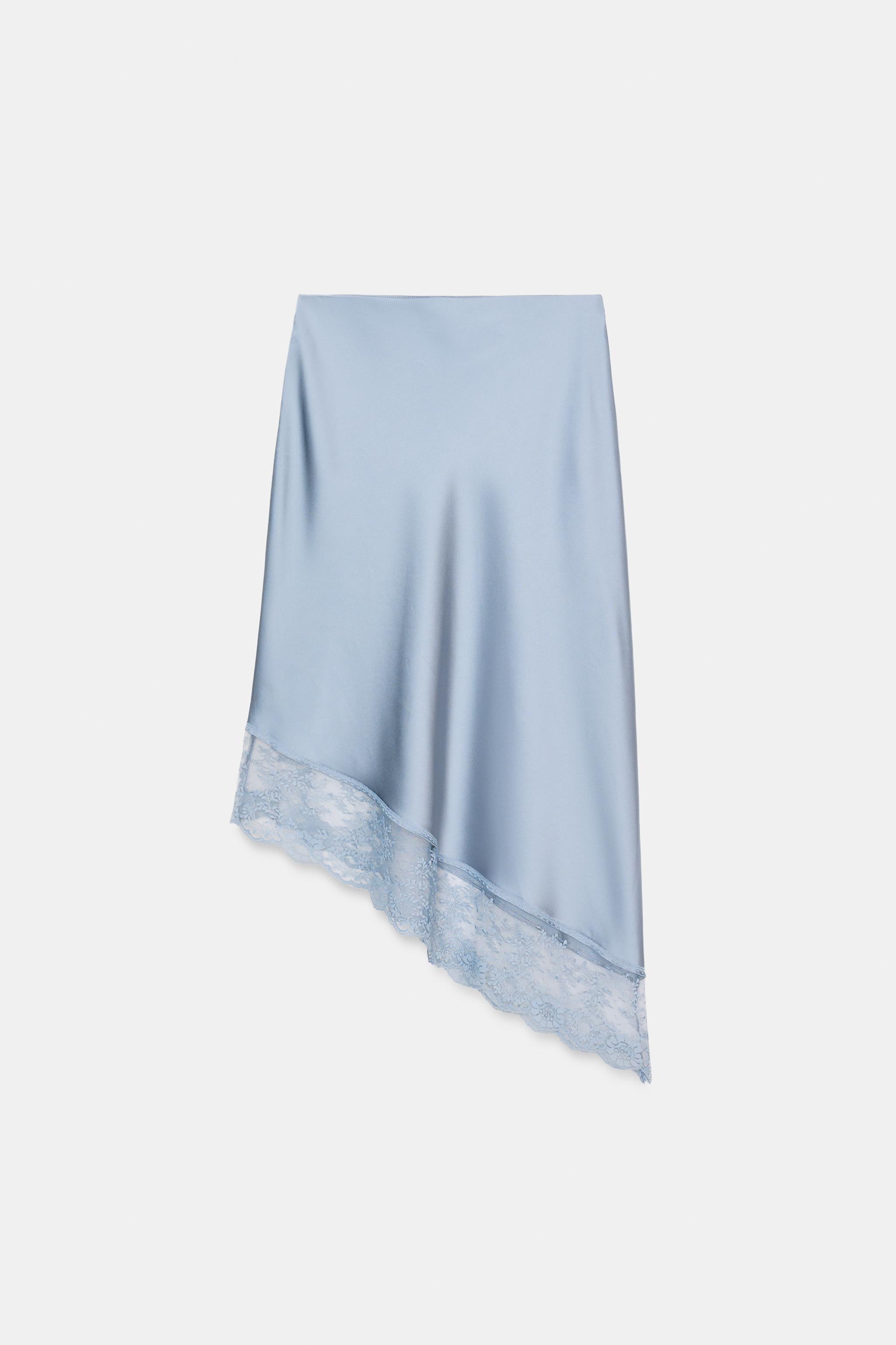 JUPE MI-LONGUE SATINÉE AVEC BAS ASYMÉTRIQUE EN DENTELLE
