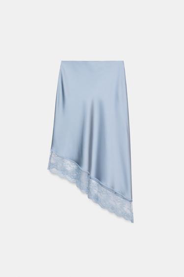 JUPE MI-LONGUE SATINÉE AVEC BAS ASYMÉTRIQUE EN DENTELLE - Bleu / Gris de Zara - Image 4