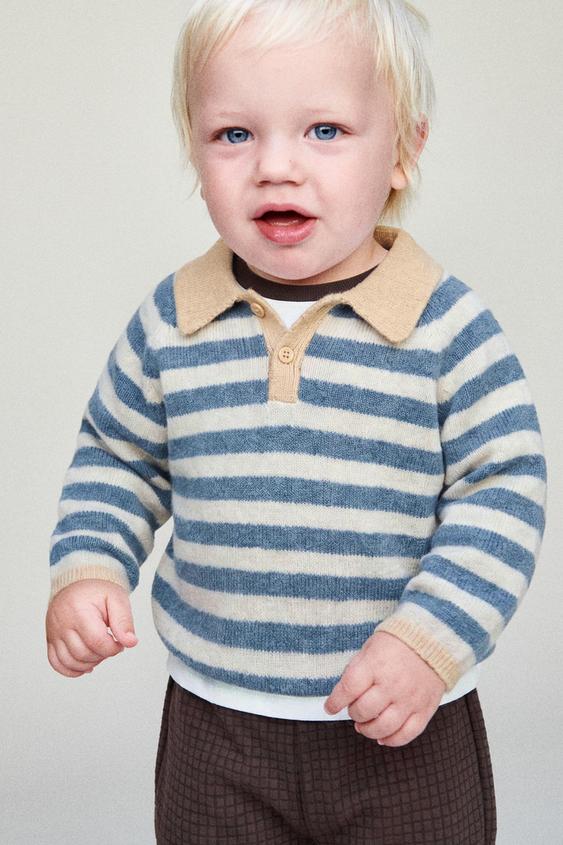 STRIPED KNIT POLO JUMPER - Mid-blue by Zara - Image 0