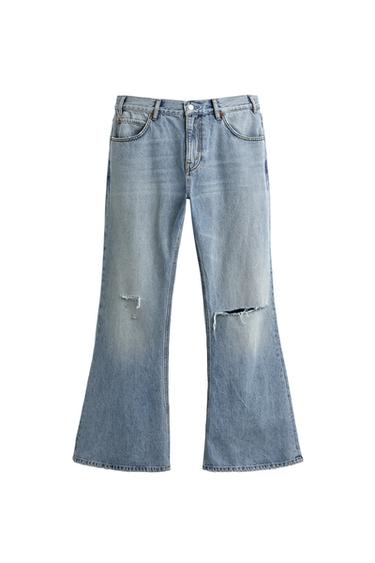 Zara 剪洞喇叭牛仔褲 - 淡藍色