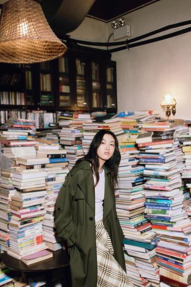 Zara 不對稱格紋中長裙 - 裸色 / 黑色