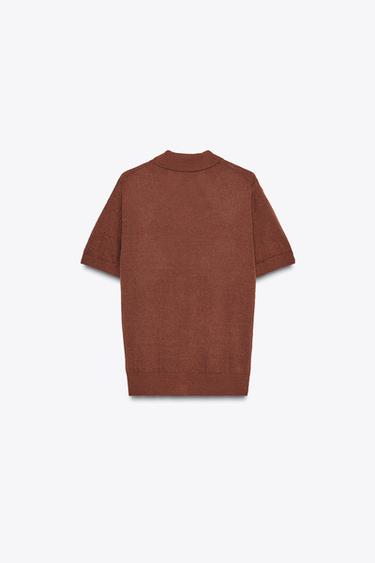 DIAMOND PATTERN KNIT POLO TOP - Brown-Blue by Zara - Image 5
