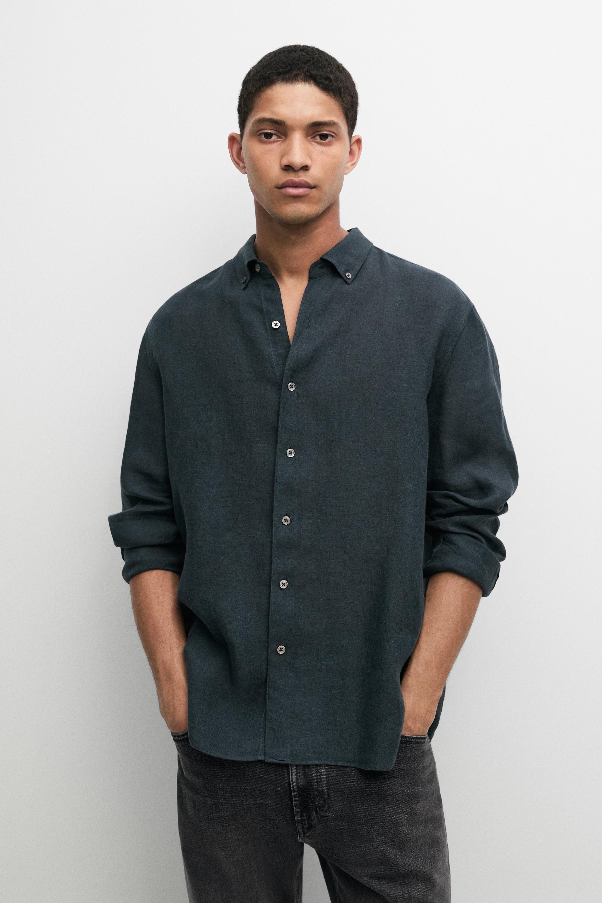 Regular fit 100% linen faded shirt — Navy blue