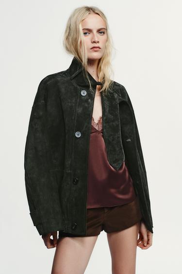 CAZADORA PIEL ANTE 100% - Verde oscuro de Zara
