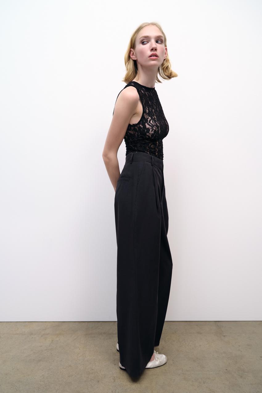 Zara Women's Black Lace Ribbed Bodysuit Size XS- Small