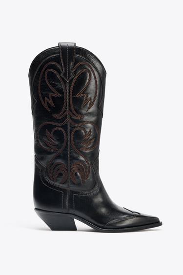 Zara EMBROIDERED LEATHER COWBOY BOOTS - Black
