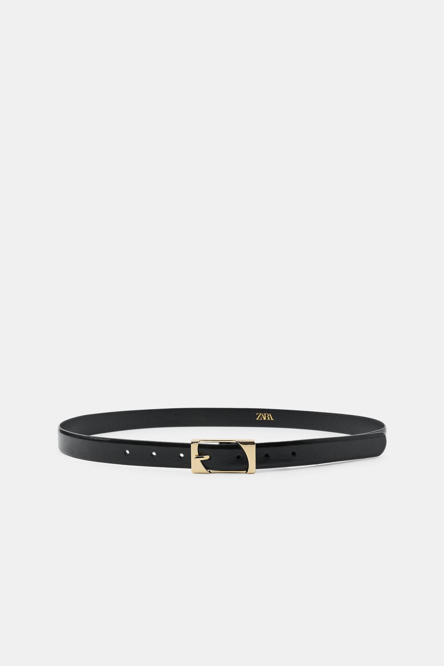 Женский ремень Zara 100% Leather Rectangular Buckle Belt, цвет: Чёрный — фото 3